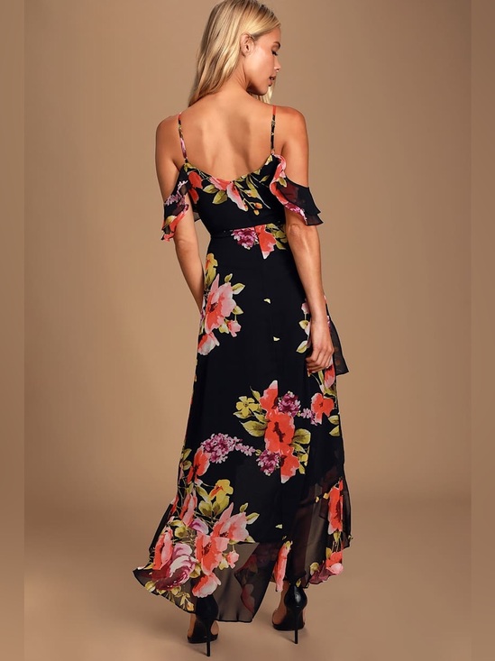 Lulus Dresses & Skirts - Lulus Love in Bloom Black Floral Print Off-the-Shoulder High-low Dress Size M